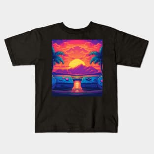 Retro Futuristic Game Controllers Synthwave Sun And Palms Kids T-Shirt